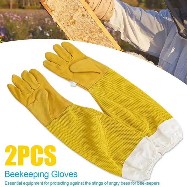1Pair Méhészet Kézi Szúrás És Szúrásgátló, Megvastagodott Sárga Báránybőr Kiterjesztett Lélegző Méhészeti Védőkesztyű