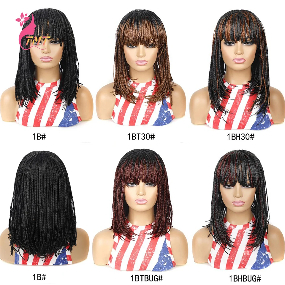 Short Fringe Bob Box Braid Wig for Black Women Braided Wigs Synthetic Wigs Neat Bangs Heat Resistant Ombre Natural Cosplay Wig synthetic hair wigs