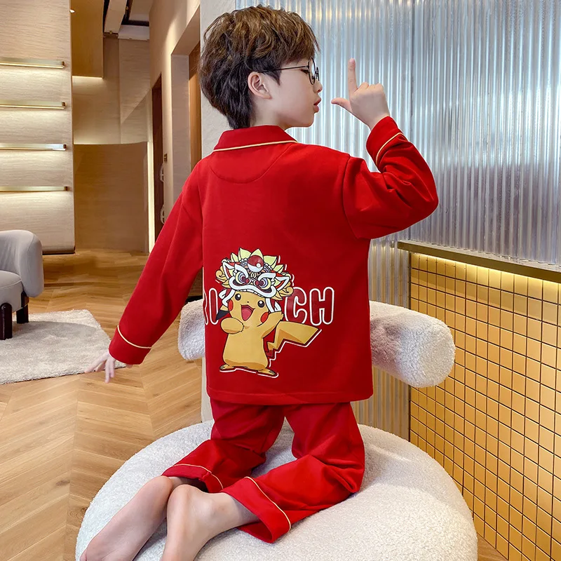 

Детский пижамный комплект из аниме Покемон, Покемон, Пикачу, Новинка осени, хлопковая домашняя одежда для мальчиков и девочек, домашняя одежда для мальчиков, красная пижама в подарок