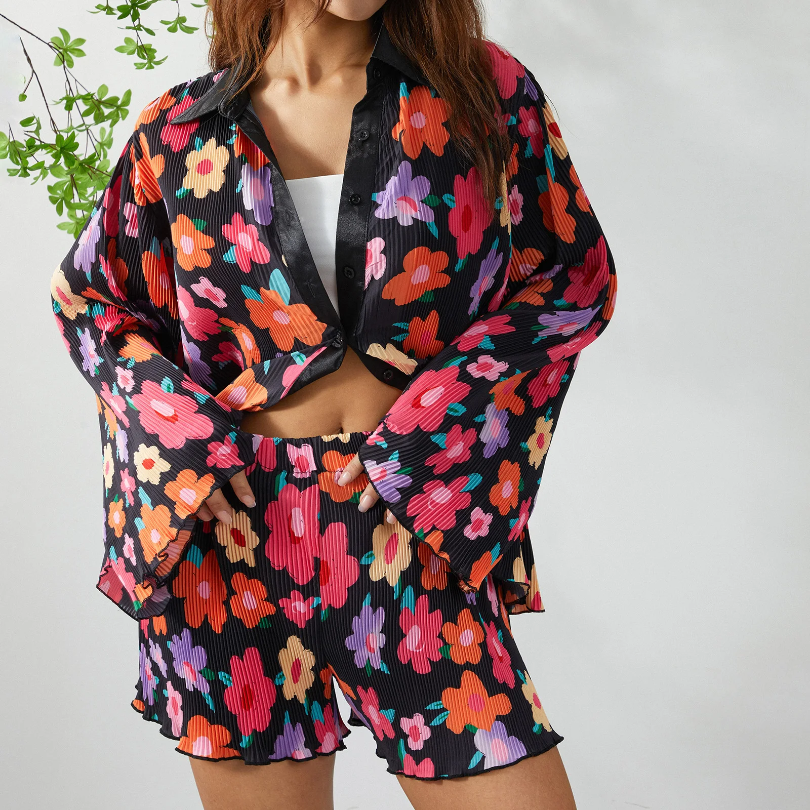 Dourbesty Summer Beach Style Women Two-piece Pants Suit Printing Long Sleeve Blouse and Straight-leg Shorts 2022 New Outfits Y2K