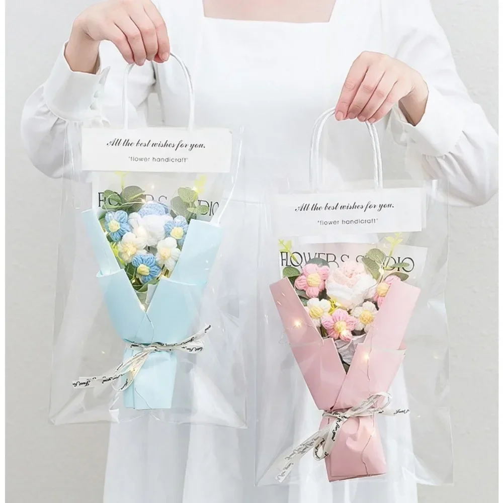 1pc Crochet Flowers Bouquet Finished Graduation Flower Bouquet With Gift Bag Led Lamp String Festival Decoration Handmade Gifts