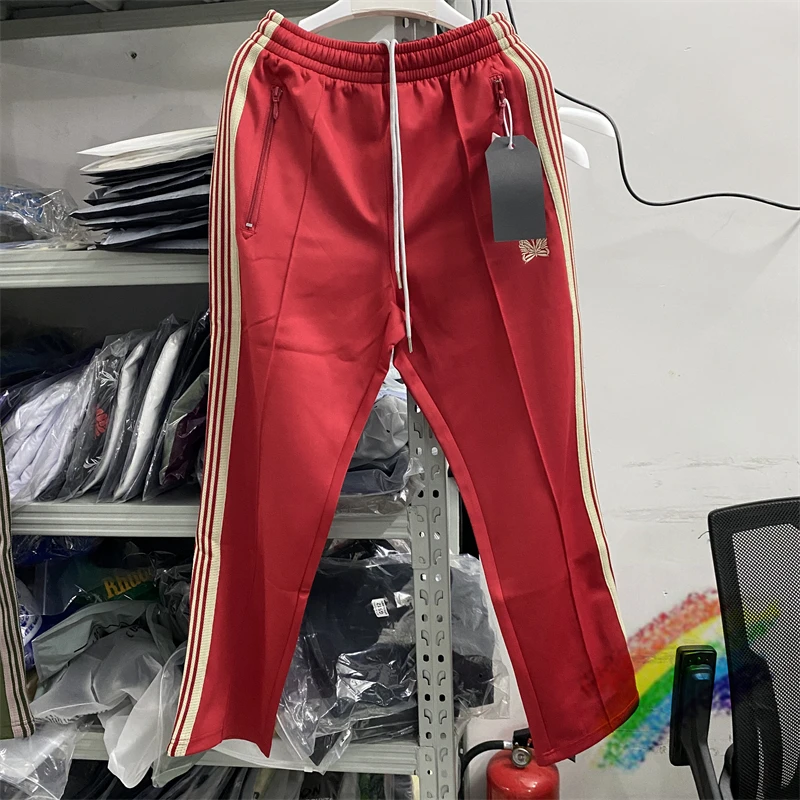 

Narrow Needles Sweatpants Men Women High Quality Poly Smooth Red Track Pants Knitted Stripe Butterfly Trousers