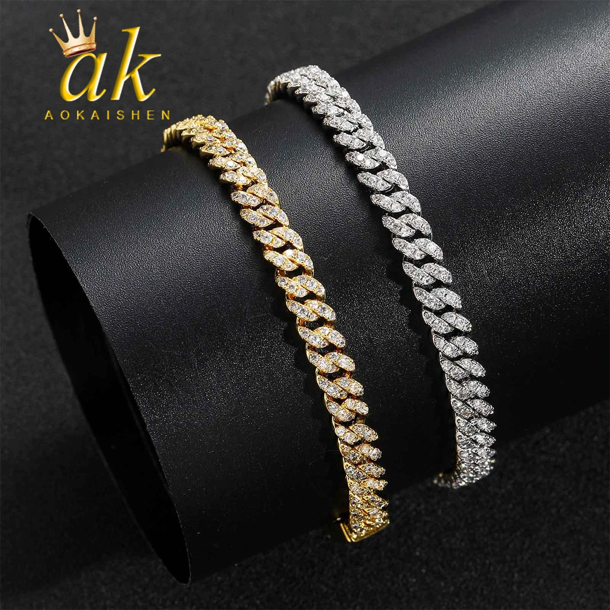 

Aokaishen 6mm Cuban Chain Women Bracelet Real Gold Plated Hip Hop Rock Street Jewelry Iced Out Charms Items