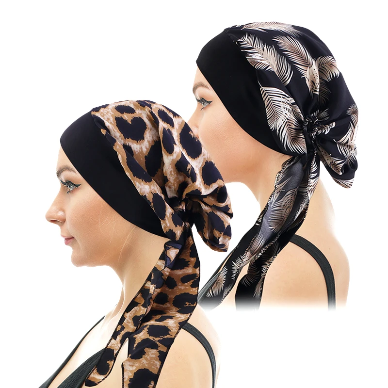 2PCS/LOT Women Printed Stretch Pre-Tied Turban Headscarf Muslim Hijab Cancer Chemo Bonnet Hat Cover Hair Loss Head Scarf Wrap 1pcs new women s fashion elastic band satin silky bonnet sleep cap for women men unisex hair care bonnet nightcap satin bath cap