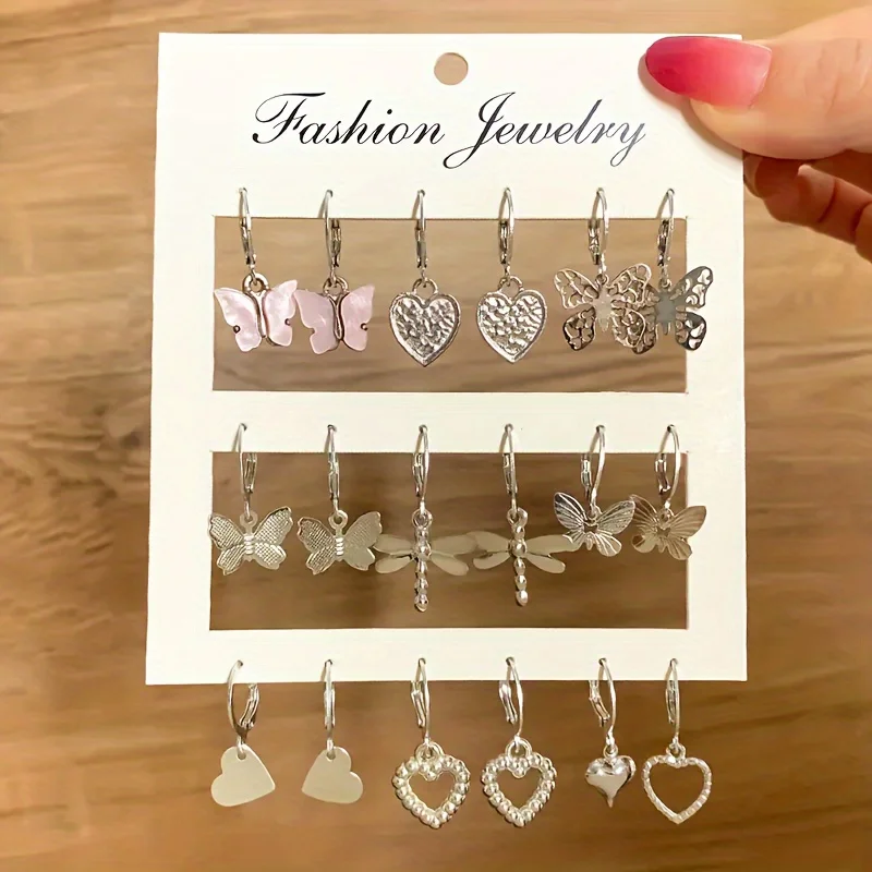 Dangle Earrings 9 Pairs/ Set Exquisite Butterfly Heart Dragonfly Design Simple Vacation Style Delicate Holiday Earrings