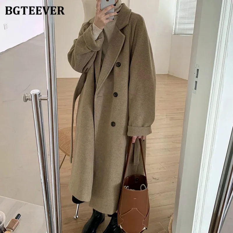 

Женское длинное шерстяное пальто BGTEEVER, элегантное двубортное теплое пальто из смешанной ткани, зима