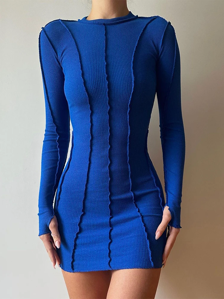 Screw Thread Mini Dress For Women 2025 Spring Ribbed Long Sleeve Bodycon Dresses Pink Streerwear Elastic Casual Vestidos