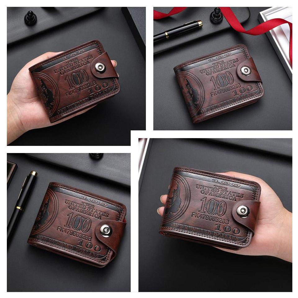 Vintage American Style Bifold Wallet For Men Embossed 100 Dollar Bill Pattern PU Leather Card Holder With Secure Snap