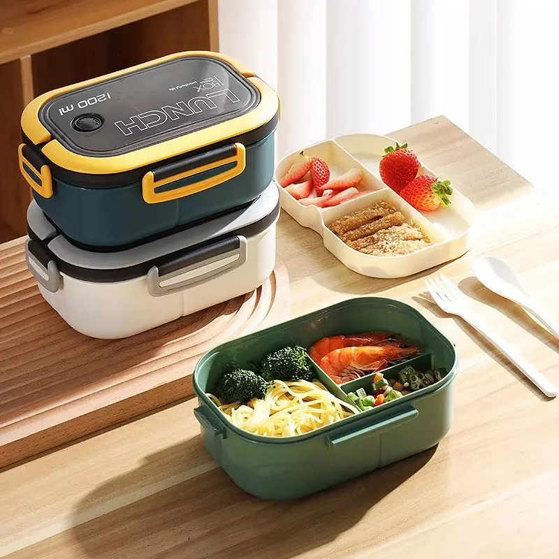 Portable Lunch Box 2 Layer Grid Leakproof Food Storage Container Microwavable Bento Fork Spoon lunch box portable food storage box