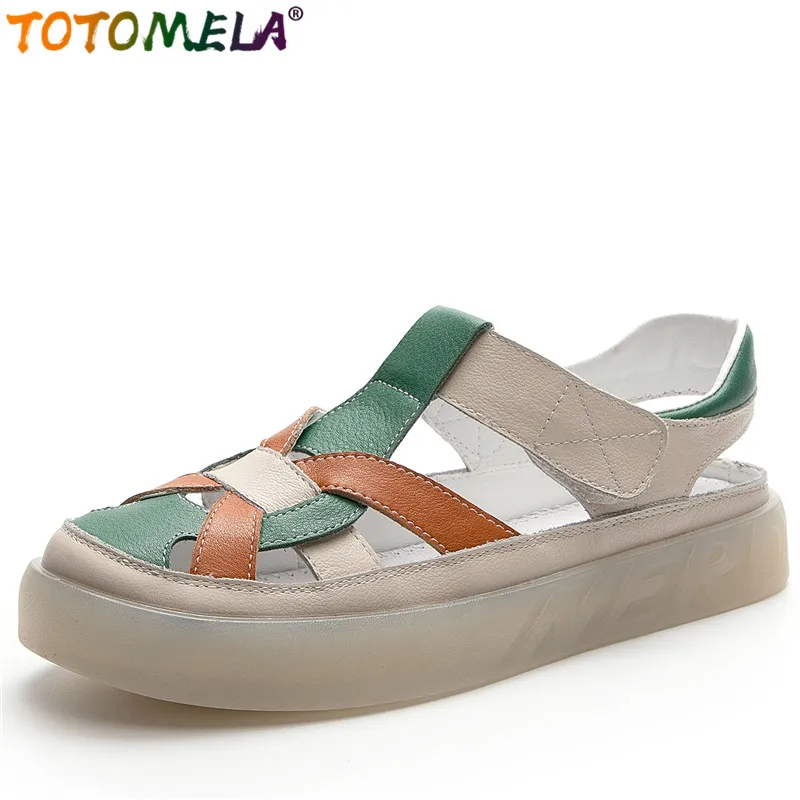 

TOTOMELA 2022 New Hook Loop Retro Flat Shoes Mixed Colors Genuine Leather Sandals Woman Ladies Dress Platform Sandals