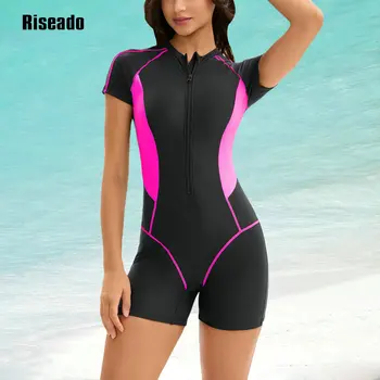 Riseado Modest One Piece Bathing Suit Short Sleeve Tummy Control Swimsuit Zipper Surfing Athletic Rash Guard with Boyshorts
