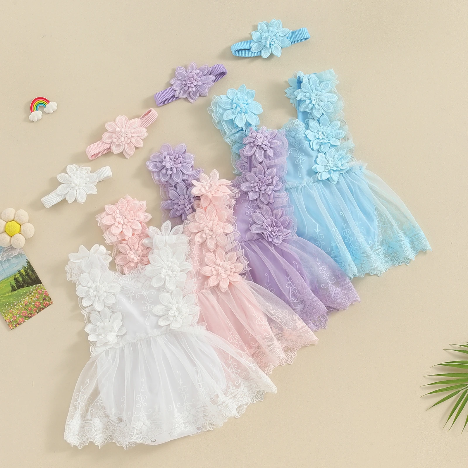 Baby Bodysuit Jumpsuit Summer Infant Baby Girls Sleeveless Floral Lace Casual Party Street Tops + HeadBand Clothes