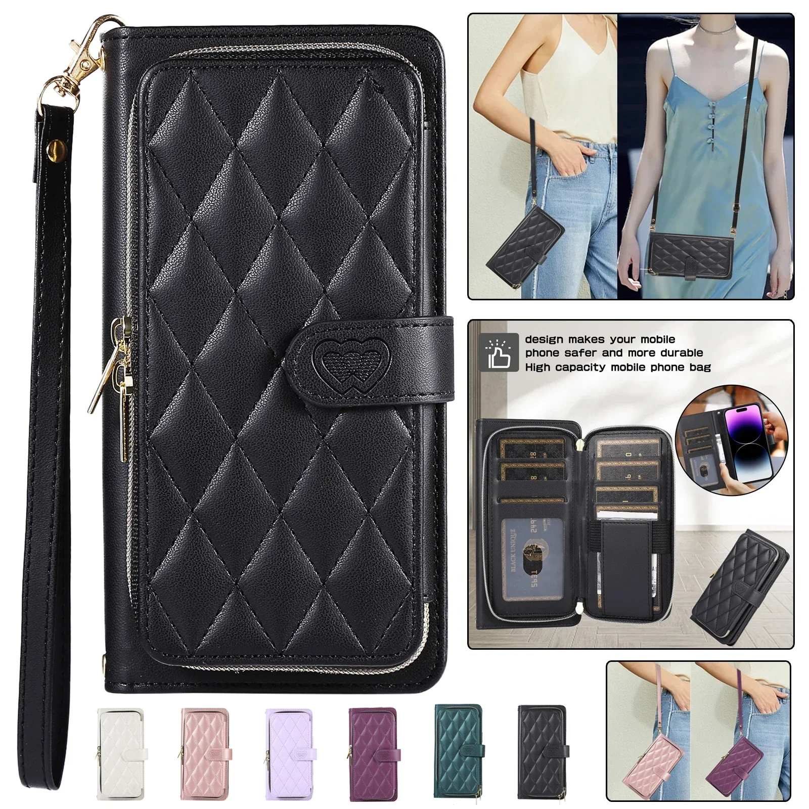 

Crossbody Lanyard Zipper Leather Wallet Phone Case for IPhone 15 14 Plus 13 Mini 12 11 SE X XR XS 8 Wrist Rope Flip Stand Cover