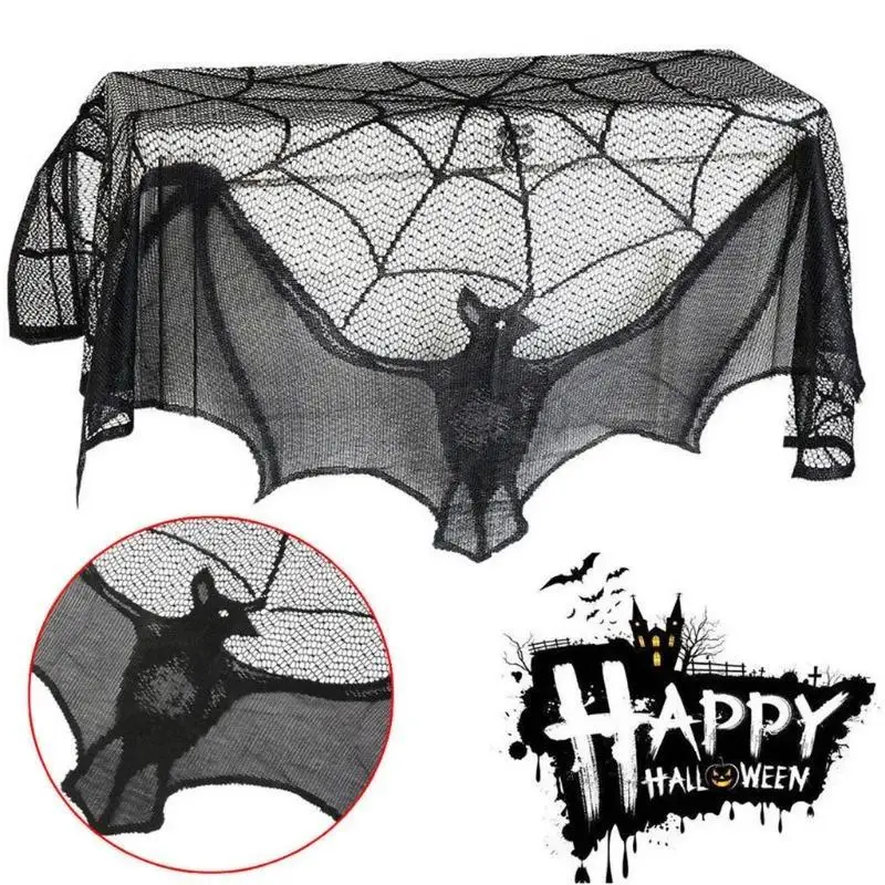 New Halloween Lace Curtain Gothic Bat Tablecloth Fireplace Scarf Window Cover For Party Home Decoration Cobweb Halloween