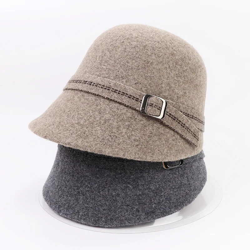 

New Autumn Winter Equestrian Hat High Quality Solid Color Wool Fisherman Hat Women Fashion Metal Buckle Warm Bucket Hat