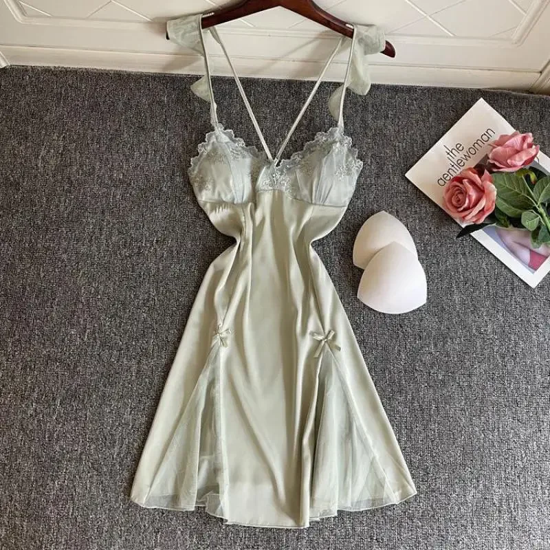 

Nightgown Women Gown Sleepdress Sexy Lace Nighty Robe Spaghetti Strap Sleepwear Summer Silky Satin Nightdress Loungewear