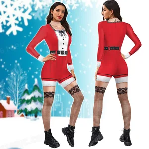 Santa Claus Cosplay Jumpsuit Christmas Girl Bodysuit 3D Printing Long Sleeve Catsuit Adult Zentai Fantasia Women Party Clothes