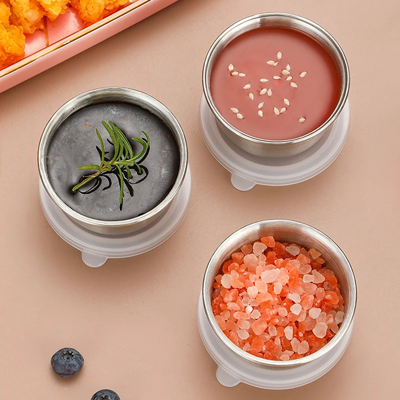 1/6pcs 40ML Salad Dressing Container Sauce Dishes Portable Stainless Steel Small Sauce Cup With Leakproof Lids Dipping Cups 4