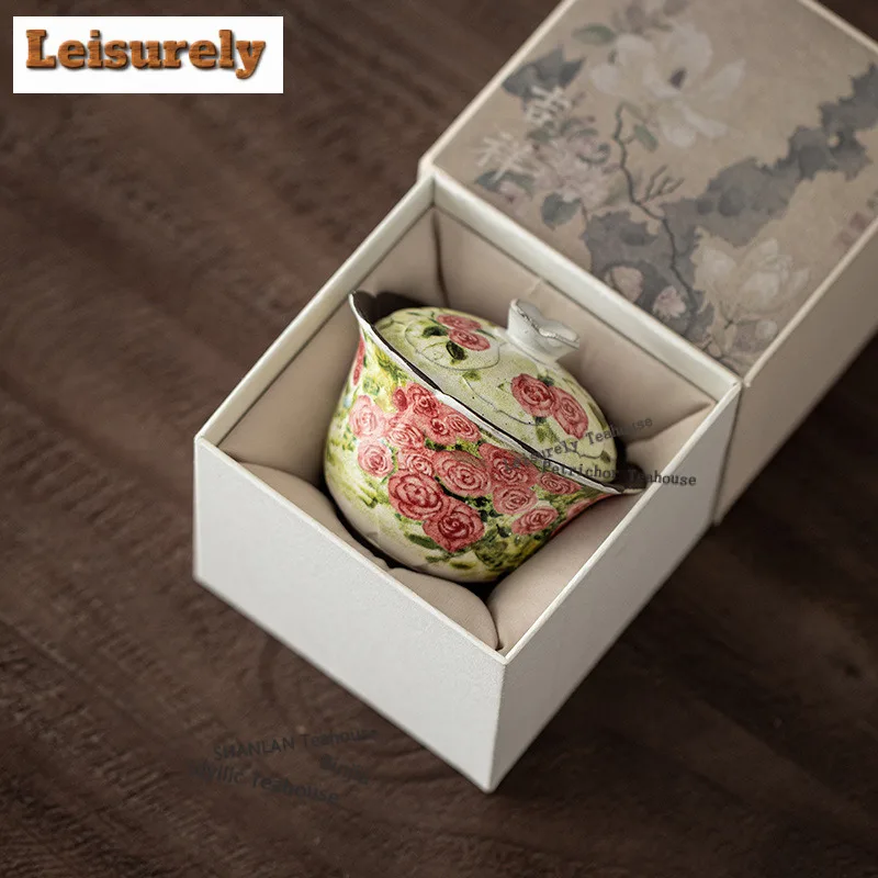 130ML Oil Painting Rose Flower Mouth Gaiwan Aesthetic Tea Tureen Tea Bowl with Lid Kit Tea Brewing Cover Bowl Tea Services Craft