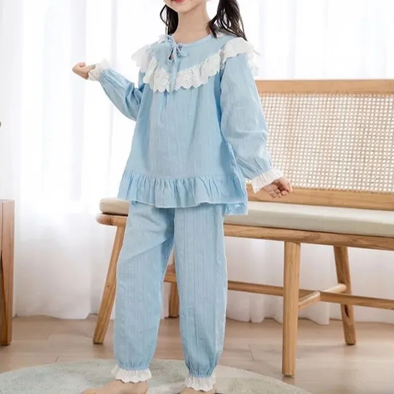 New Spring Autumn Girls Pajamas Set Sweet Princess Style Children Home Clothes Baby Girls Casual Pure Color Long-sleeved Pajamas