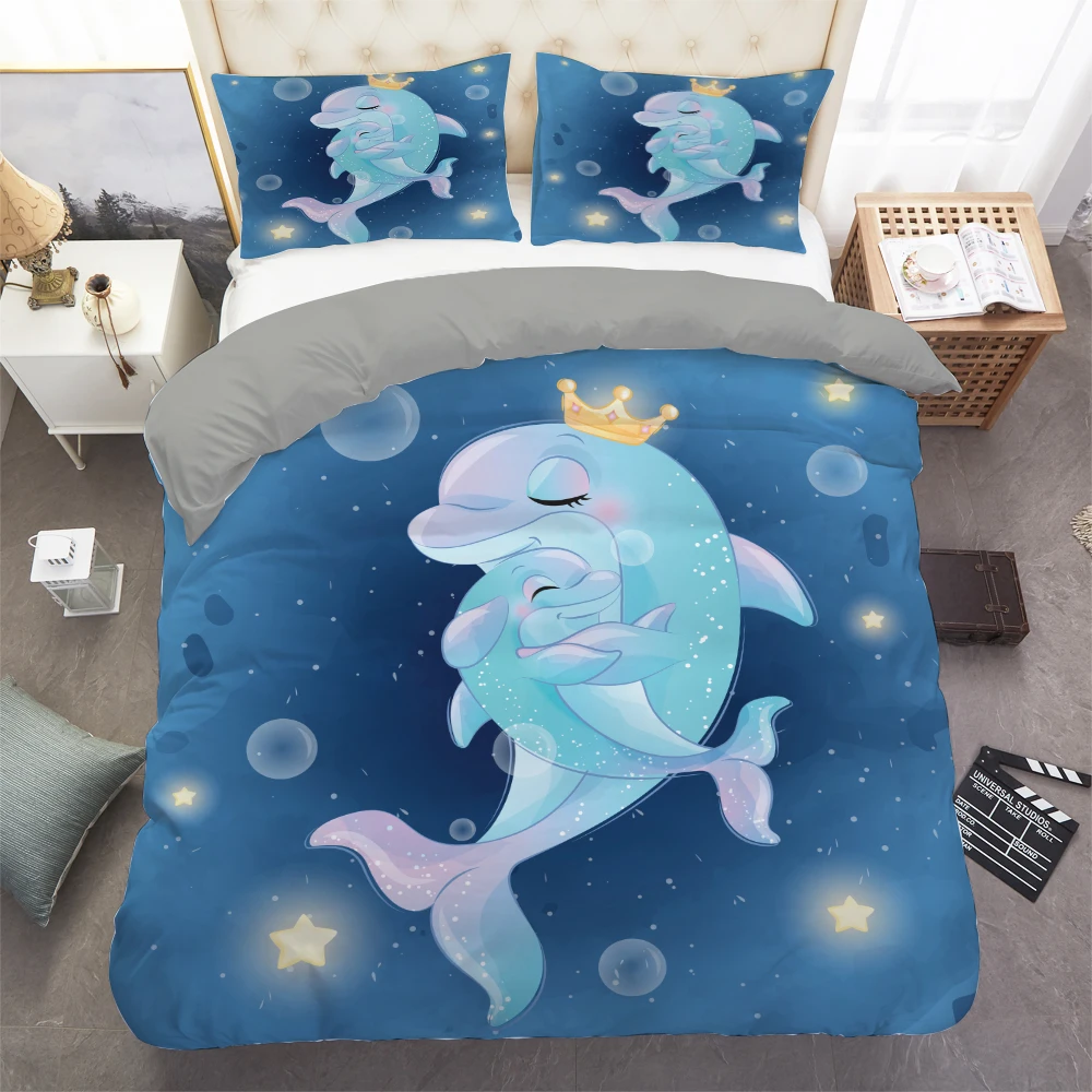 Cute Dolphin Print Bedding Sets Cartoon Duvet Cover with Pillowcase Kids Comforter Cover Single Double Home Textile Bedclothes 