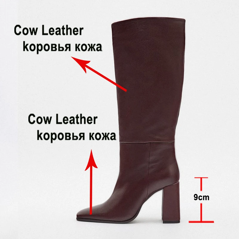 Meotina ZA 여성용 가죽 무릎 높이 부츠, 스퀘어 토 블록 하이힐, 플리츠 여성 패션 롱 부츠, 가을 겨울 신발