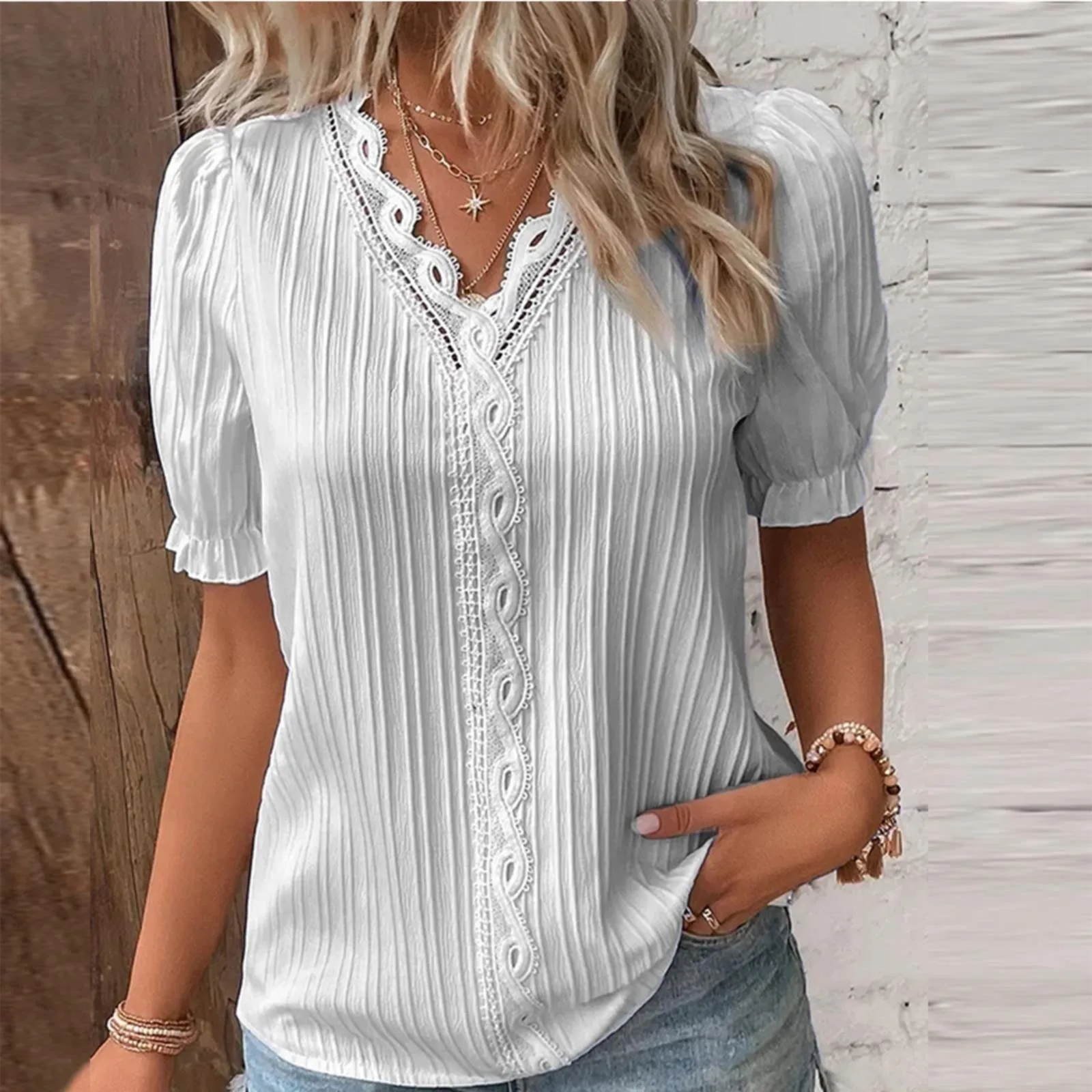 

Summer Solid Color White Women T-Shirts Lace Splice Puff Short Sleeve V Neck Slim Fit T Shirt Eleagnce Retro Casual Clothing Top