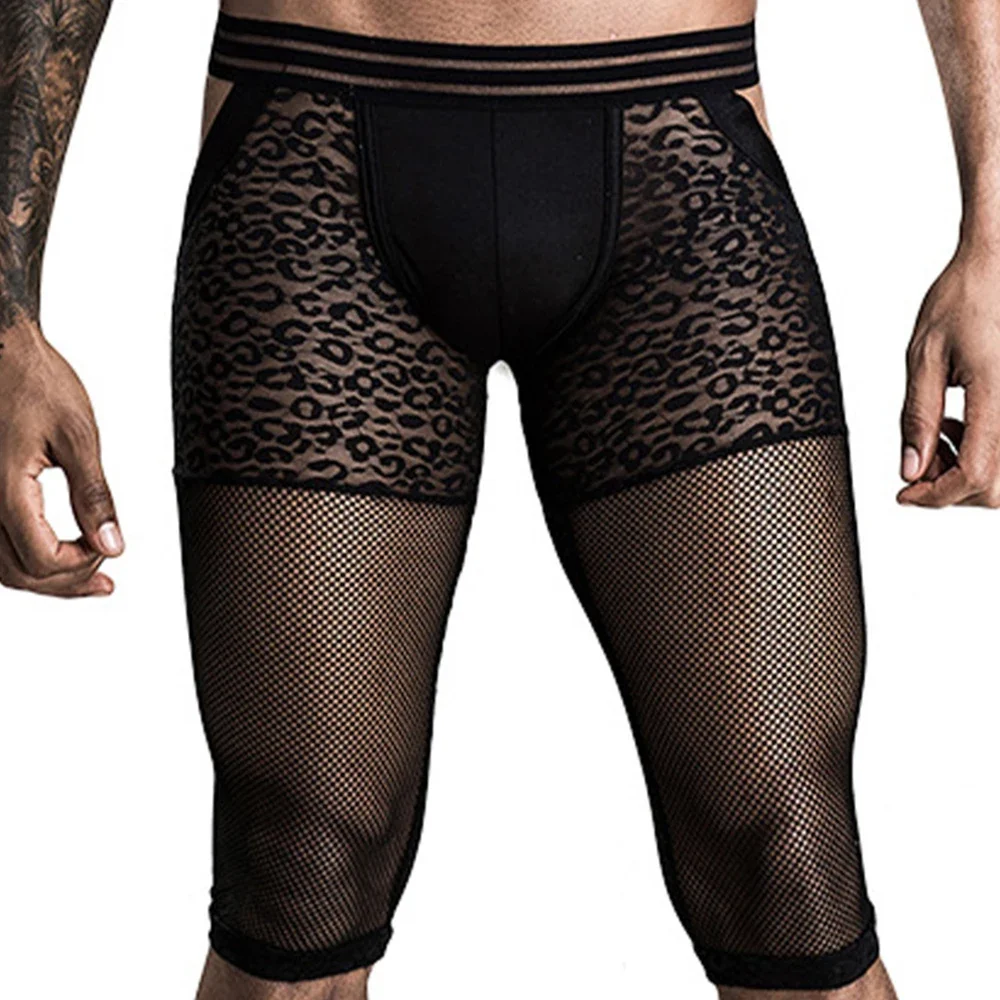 Men Underwear See-Through Mesh Open Butt Shorts Bulge Pouch Leopard Underwear Stretch Longshorts Erotic Short Pants Gays men underwear