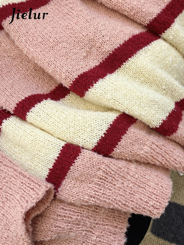 Jielur Autumn Contrast Color Stripe Women Hoodies Casual Loose Street Hoodies Woman Red Green Fashion Knit Sweatshirts Female