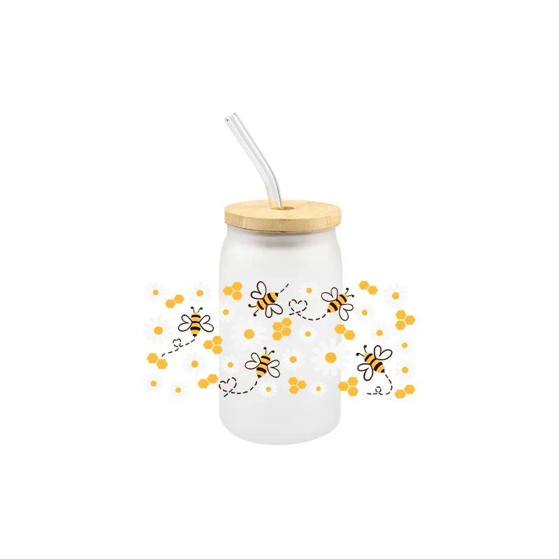 Bees Theme UV DTF Transfer Sticker Cartoon Cute Unique Decals For Wraps Cup Libbey Glass Cup Design Sticker 3D