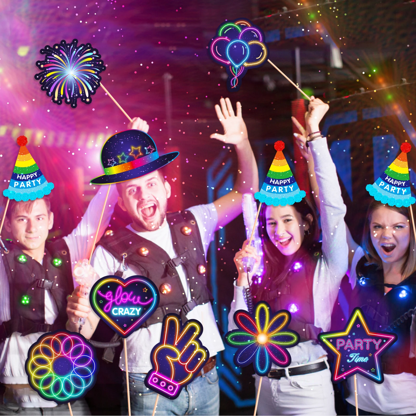 Glow Crazy Party Photo Booth Props Music Club Colorful Graffiti Birthday Party Funny Glasses Lips Hat DIY Photo Shoot Prop Decor party photo props