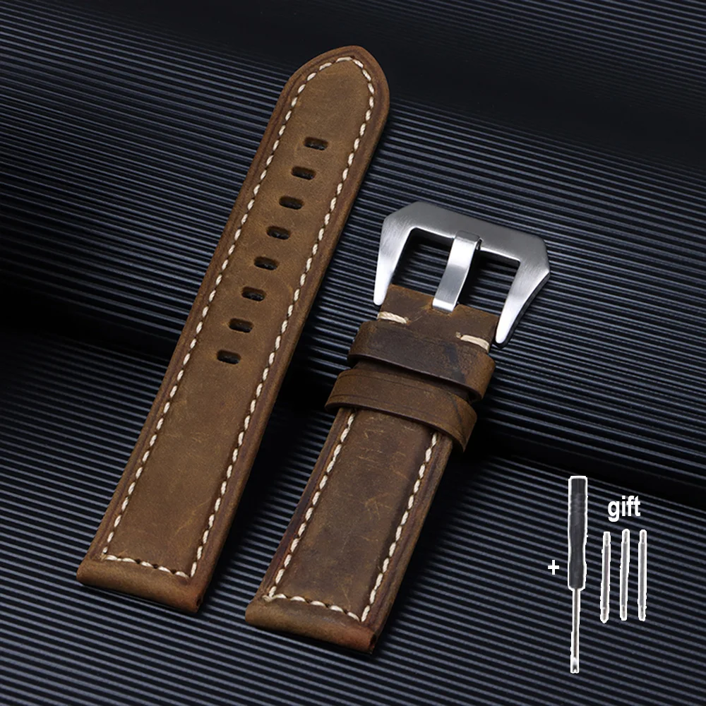 Genuine Crazy Horse Leather Watchband - Black, Blue, Brown Bracelet, 20mm-26mm