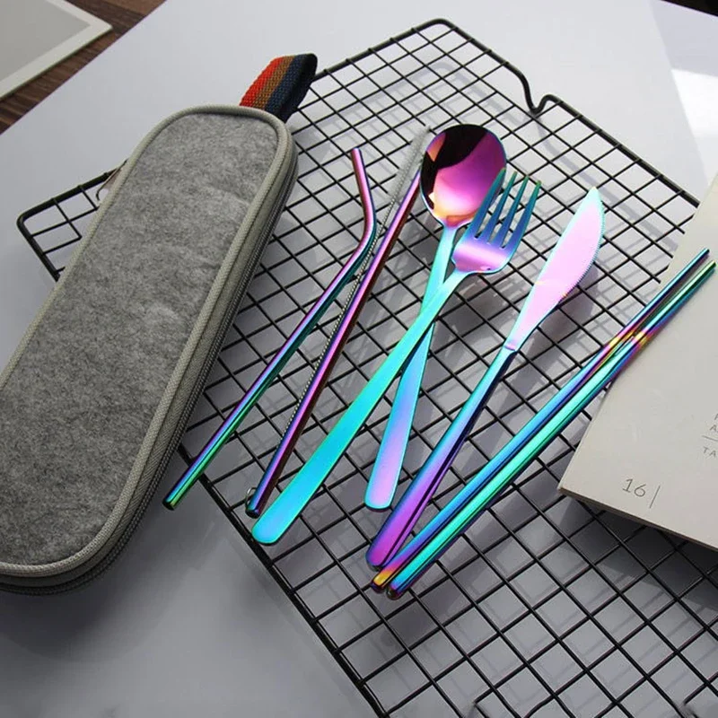 7PCS/Set Cutlery Spoon Fork Chopsticks Juice Straw Lunch Tableware With Bag Brush Stainless Steel Dinnerware Kitchen Accessories picnic cutlery set western style cutlery set picnic tableware camping cutlery set stainless steel cutlery set cutlery set wooden cutlery set ceramic dinnerware set