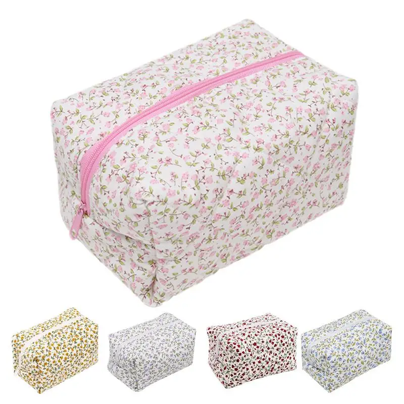 

Floral cosmetic bag Soft Cotton Portable Quilted Zipper Pouch with Plaid Lining Makeup Pouch Travel Wash Toiletry Storage Bag