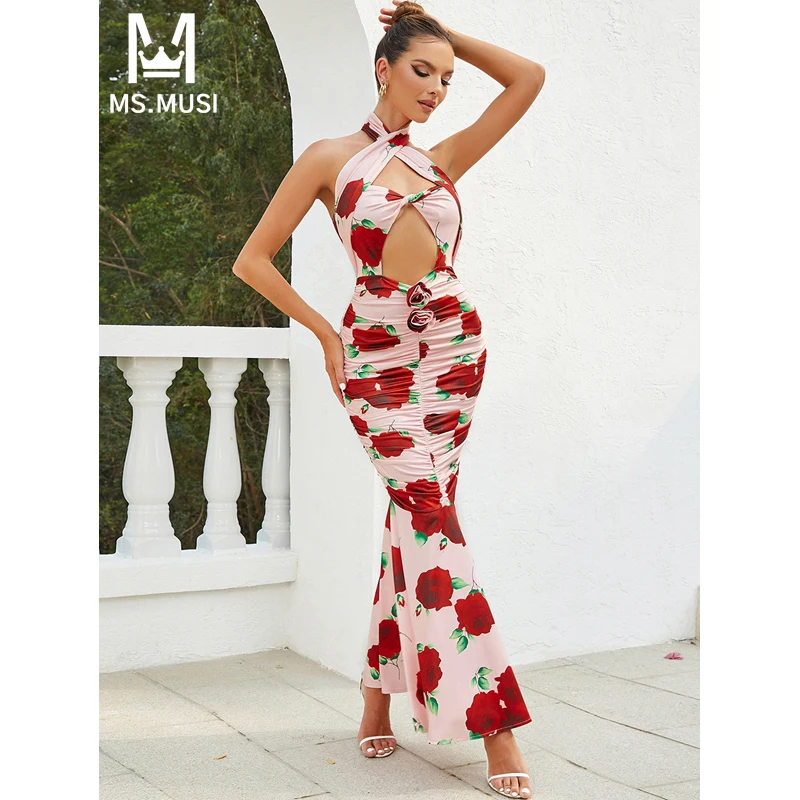 

Новинка 2024, модное женское сексуальное платье-макси MSMUSI с цветочным принтом, открытой спиной и лямкой на шее