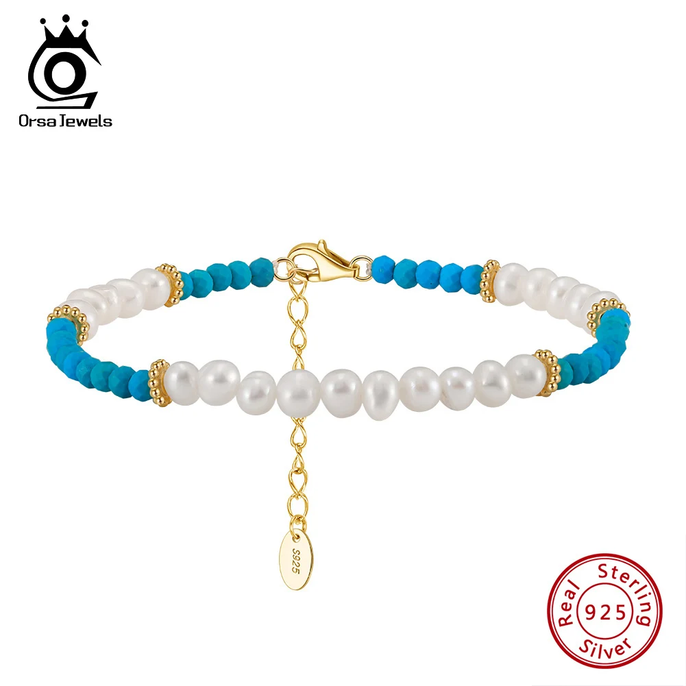 

ORSA JEWELS Exquisite 925 Sterling Silver Natural Pearl&Turquoise Chain Bracelet for Women Fashion Bracelet Party Jewelry MPB01