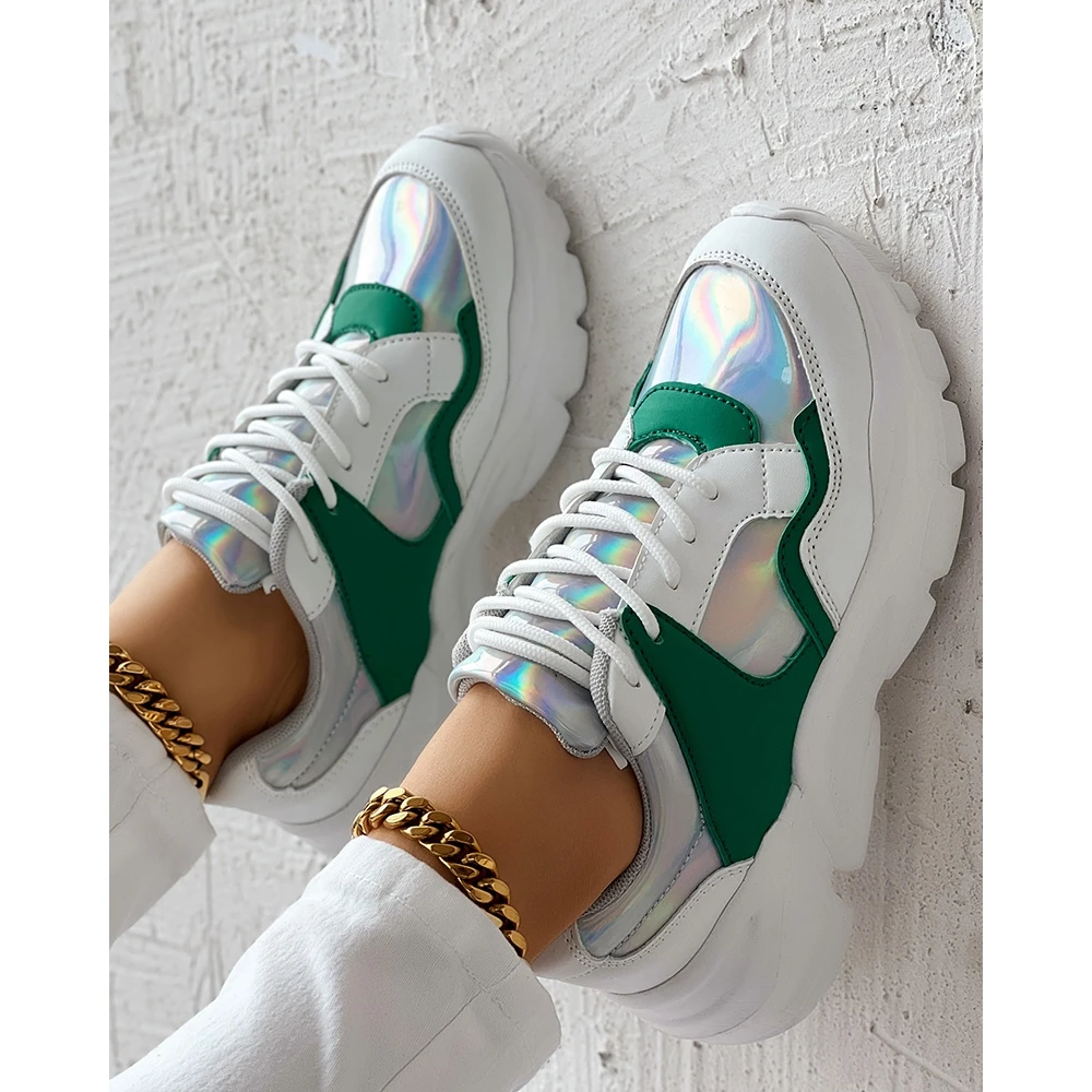 

Colorblock Lace-up Sneakers for Fashion Women Daily Casual Round Toe Platform Sports Shoes Spring Fashion Going Out Green Shoes