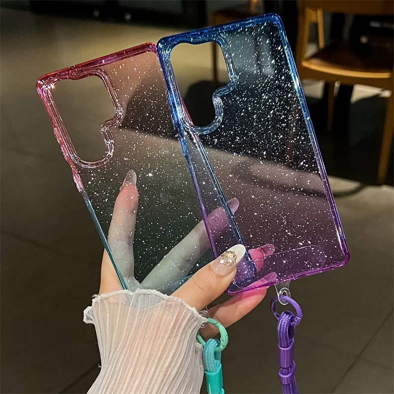 Transparent Gradient Glitter Bling Phone Case with Short Hand Rope Lanyard and Soft Cover
