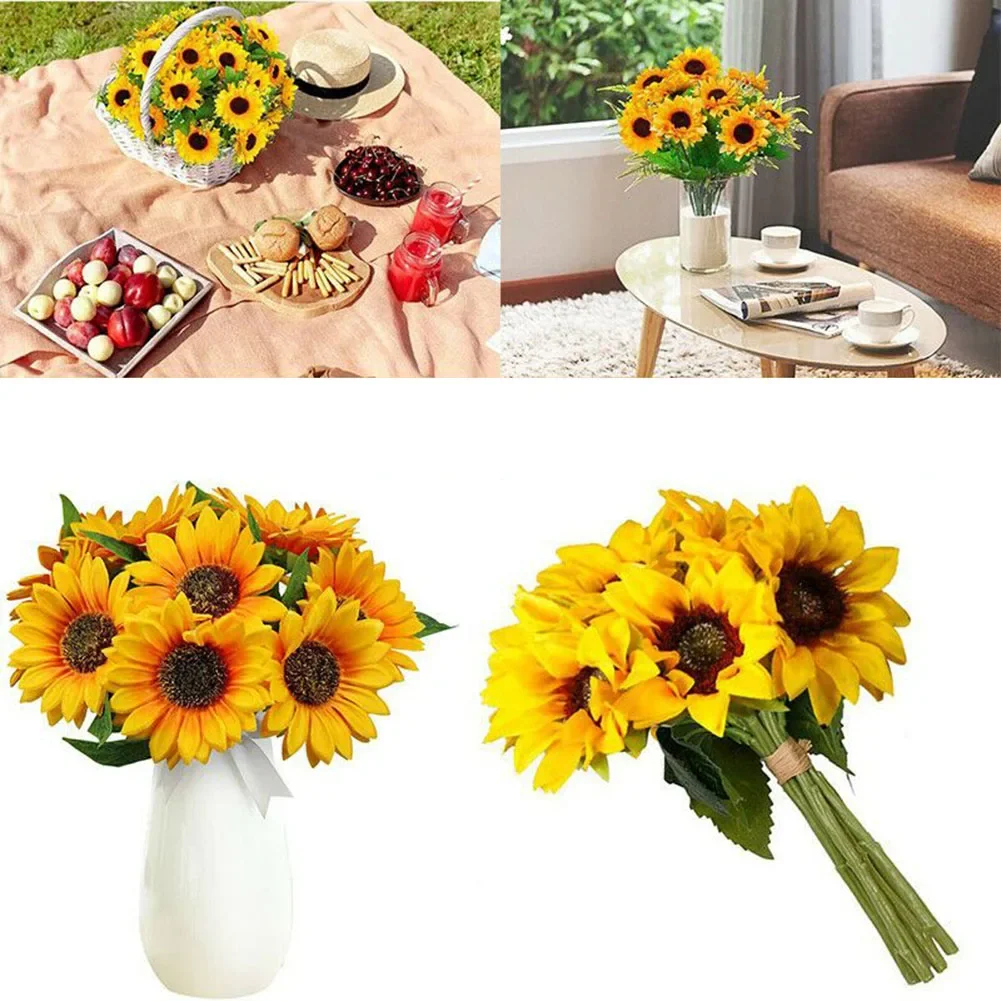 7 Heads Artificial Sunflower Flowers Bouquet Silks Flowers for Home Bridal Wedding Car Party Festival Gifts DIY Vase Decor