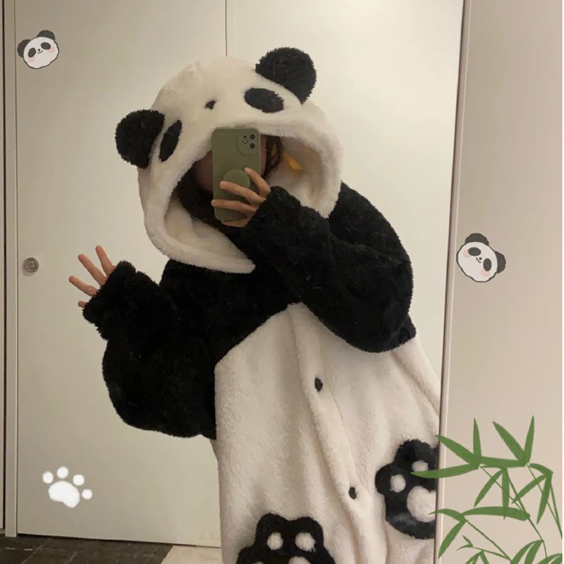 Women's Pajamas Panda Onesies Warm Soft Robes Nightgown Kawaii Animal Cosplay Suit Winter Flannel Homewear Women Clothing