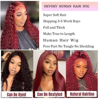 Perruque en cheveux humains couleur bordeaux, ondulations profondes, perruque frontale en dentelle 13x4, dentelle HD transparente, perruque bouclée pour femmes 5