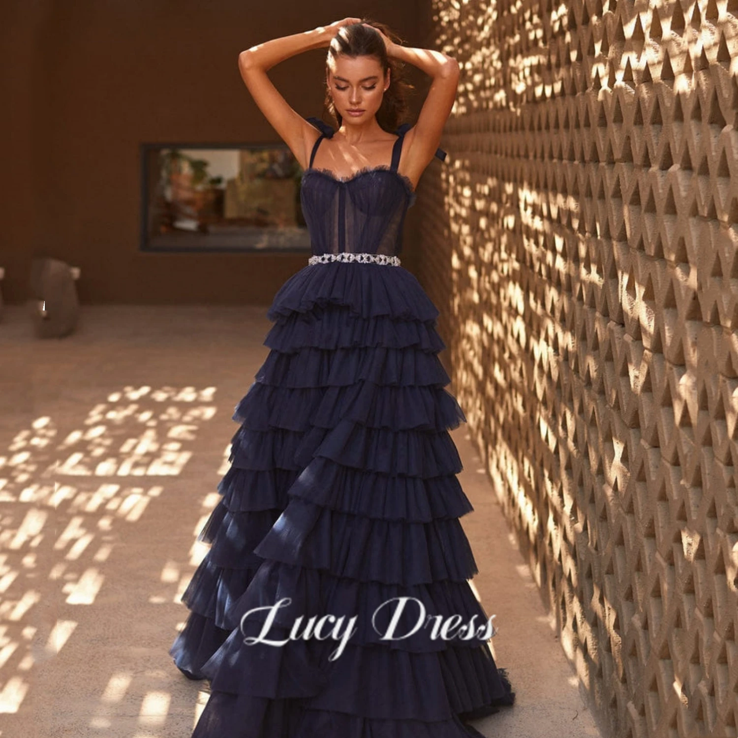 

Aileen Modern Tulle Ruffles Evening Dress Spaghetti Straps A Line Prom Dresses Party Gown Custom Special Occasion Dresses