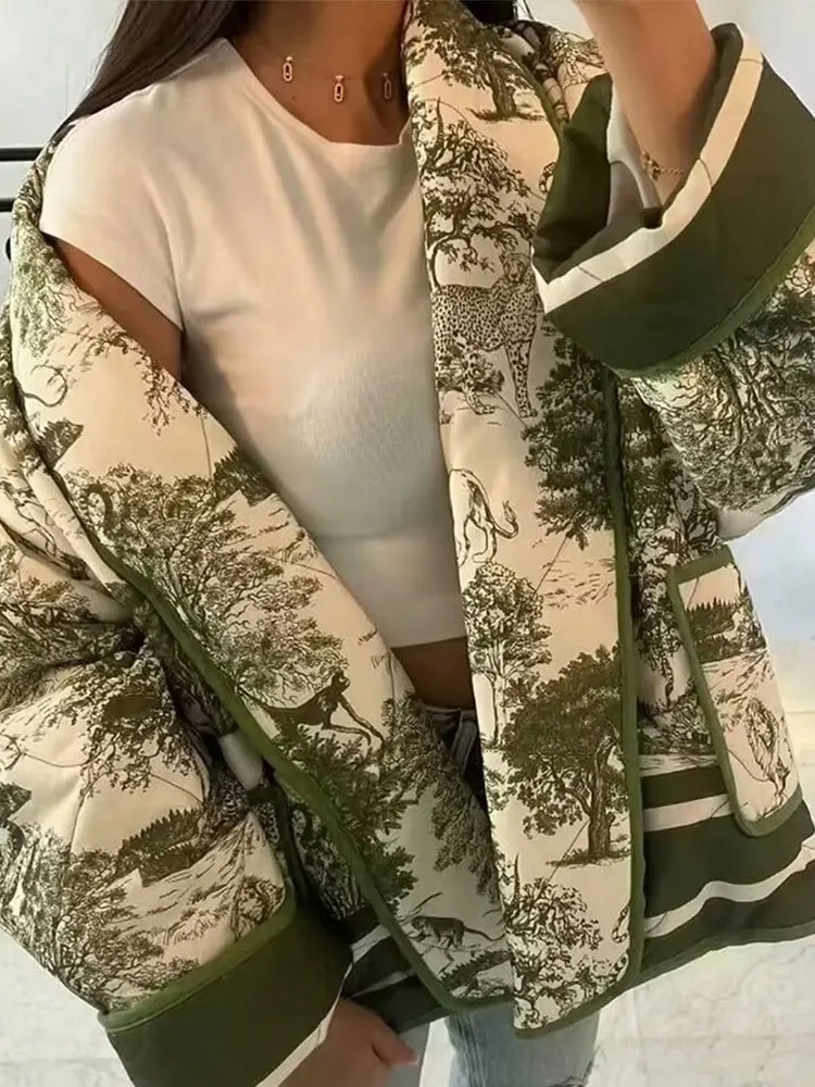 HH Print Short Jacket Women Long Sleeve Warm Pocket Cardigan Coat Autumn Winter New Fashion Y2K Female Street Outwears