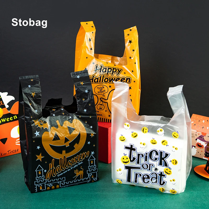 StoBag 100pcs Happy Halloween Plastic Tote Bags Gift Candy Cookies