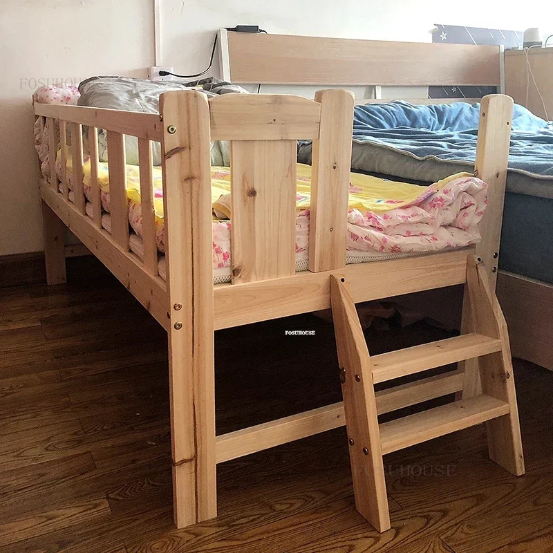 Nordic Solid Wood Small Children's Beds with Guardrails Single Bedside Bed for Boys and Girl Widened Spliced Large Bed Furniture