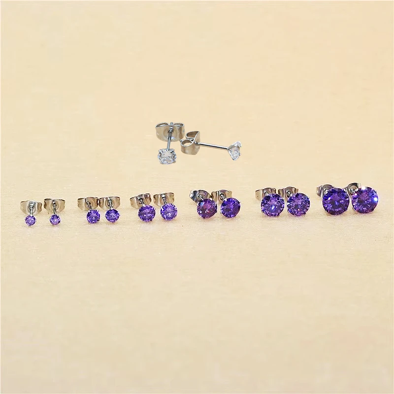 Mini-Lila 3AAA-Zirkon mit kurzen Ohrsteckern aus 316L-Edelstahl, Kristallschmuck, Größe 3 mm bis 8 mm, allergiefrei, kein leichtes Verblassen – Detail 1