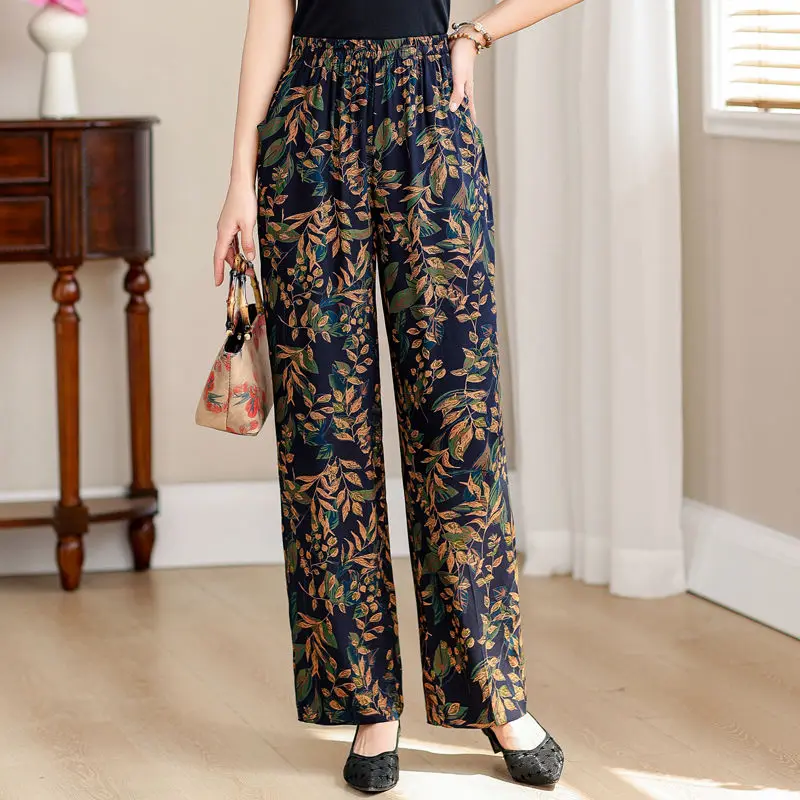 Spring Summer Women's Clothing Elastic High Waisted Pockets Sweatpants Plant&Flowers Printing Trousers Straight Elegant Pants