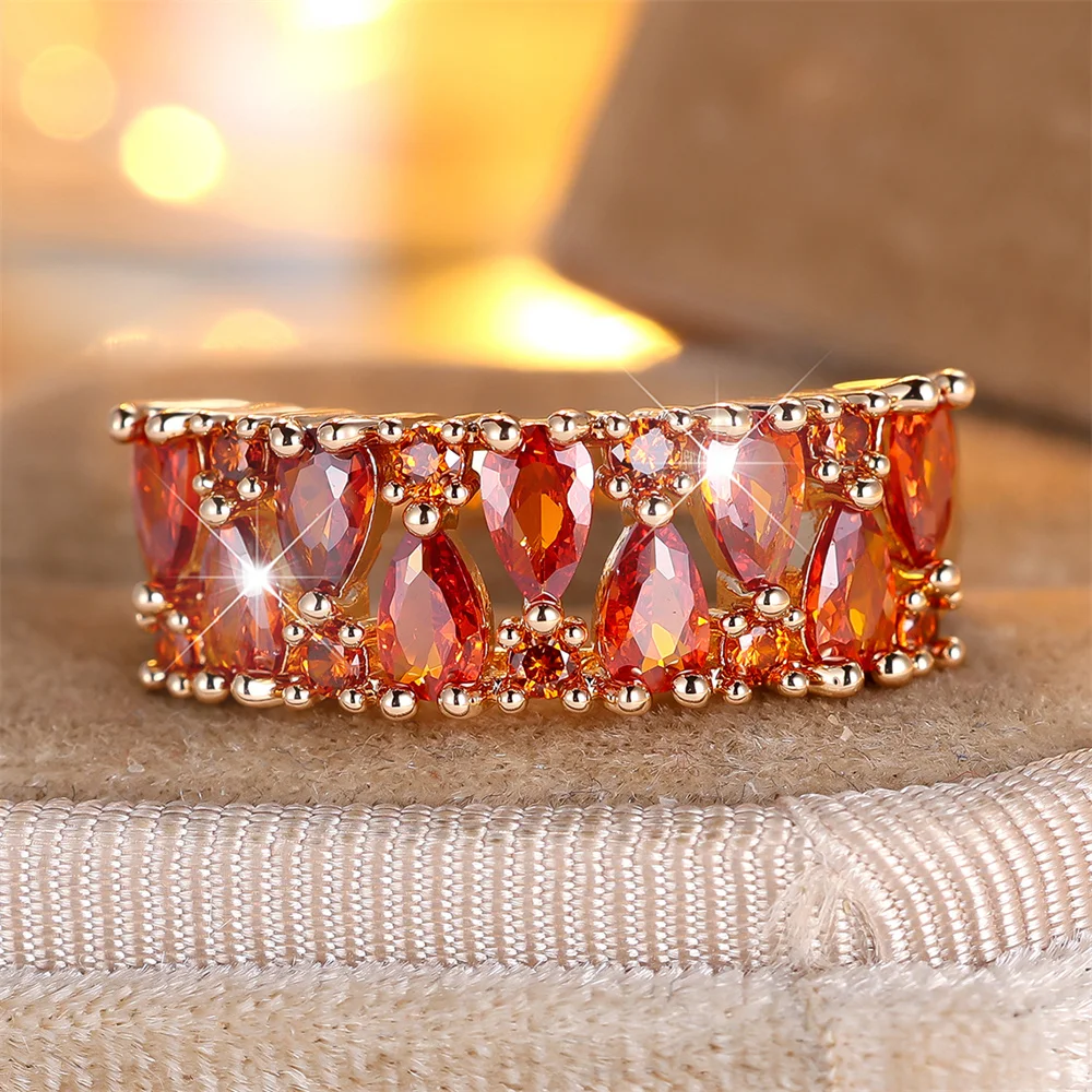 Red Zircon Pear Cut Stone Water Drop Rings For Women Vintage Gold Color Engagement Ring Wedding Jewelry Bridal Birthday Gifts