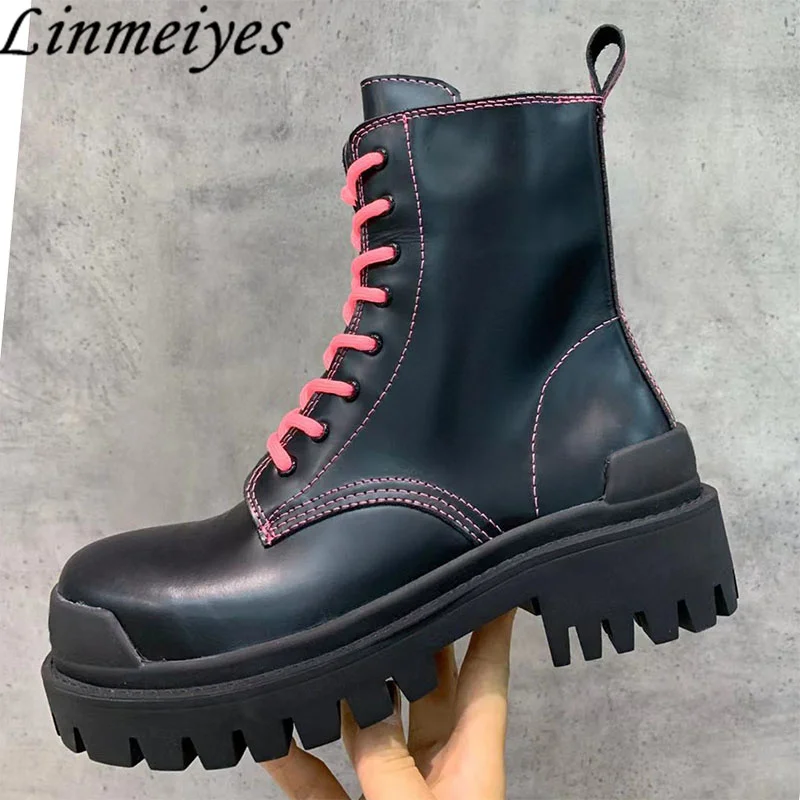 

Thick Sole Motorcycle Boots Women Lace Up Round Toe Short Boots Flat Shoes Women Genuine Leather Knight Boots Women Botas Mujer