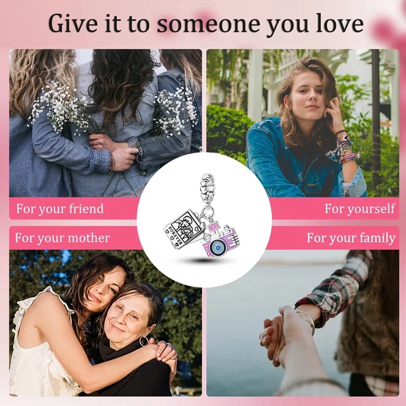 오리지널 참스  도금 핑크 카메라 커플 사진 펜던트 925 팔찌용 여성용 주얼리 제작 DIY